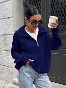 EURMUSE 女士拉链领宽松舒适保暖毛衣 - 藏蓝色 - 查看 7