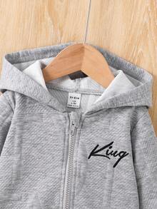 2 件套幼儿男婴字母刺绣纹理针织连帽夹克，带拉链，松紧腰直筒裤，儿童服装，婴儿服装，春/秋/冬，6 个月-3 岁 - 灰色 - 查看 4