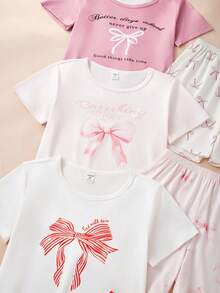 SHEIN 3件套可爱蝴蝶结印花女童睡衣套装 - 彩色 - 查看 5