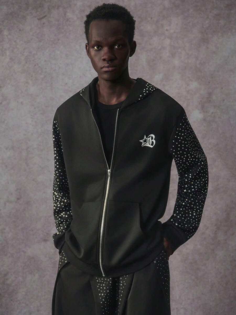 STYNVO Men's Rhinestone Decor Letter Graphic Zip-Up Long Sleeve Hoodie Sweatshirt, Rhinestone Zip Up Street Wear, Fall - Black - View 1