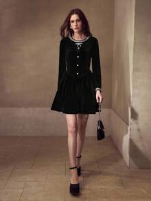 MOTF PREMIUM VELVET BLACK RHINESTONE DECOR WAIST CINCHED SHORT DRESS