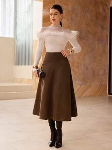 Modelyn Fall Solid Color Faux Suede Flared Elegant Long Skirt For Women, Western Elegant Long Brown Skirt