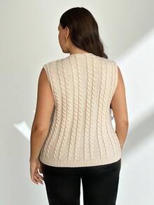 Firerie Plus Size Women Elegant White Cable Knit Sweater Vest,Faux Pearl Embellished Round Neck Sleeveless Top For Autumn,Festa,Parties,Banquets And Office - Apricot - View 4