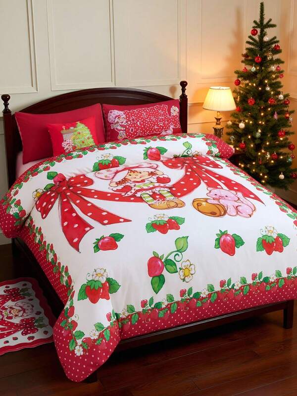 Strawberry Shortcake X SHEIN Juego de ropa de cama de 3 piezas con estampado de fresa y lunares, funda nórdica roja, suave y cómoda, cálida y lavable a máquina, apta para cama individual/matrimonio/queen/king, dormitorio/hogar
