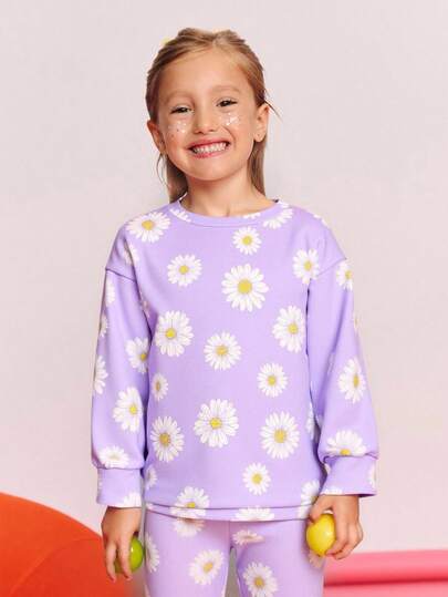 SHEIN 2pcs Young Girl Daisy Print Crew Neck Long Sleeve Sweatshirt And Pants Casual Suit, Fall /Winter,Halloween