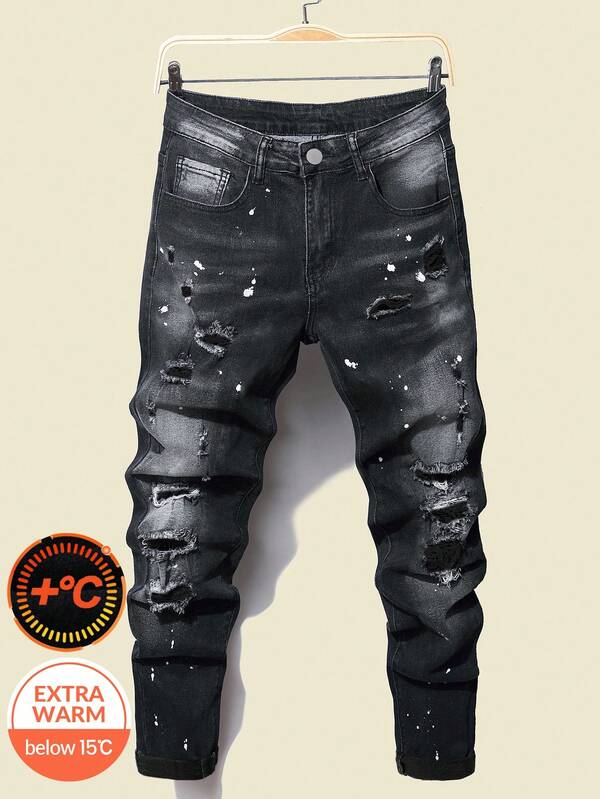 SHEIN Jeans skinny neri con strappi, effetto vissuto, con stampa a pois, in denim con fodera in pile, stile casual Y2K vintage, adatti per ragazzi adolescenti, per la scuola, il college, l'autunno e l'inverno, abbigliamento casual e da festival per ragazzi adolescenti