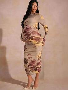 MaterniChic Váy ôm sát in hoa cho bà bầu - màu nâu - Xem 6