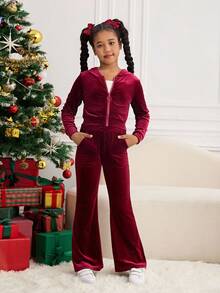 SHEIN Tween Girls' Velvet Hoodie & Sweatpants Set, Casual Sportswear Fall Winter - Burgundy - View 6