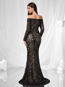 Coutiva Vestido elegante y hermoso con contraste de color con lentejuelas, espalda descubierta, manga larga y caída de hombros, adecuado para cenas formales, ceremonias de graduación, invitados de boda y fiestas de cumpleaños - Negro - Ver 3
