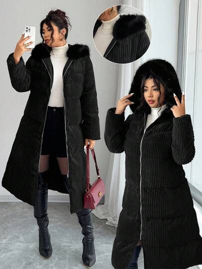 Elenzga Damjacka med vadderad, midjeåtsnörning och huva, X-formad lång kappa i manchestertyg