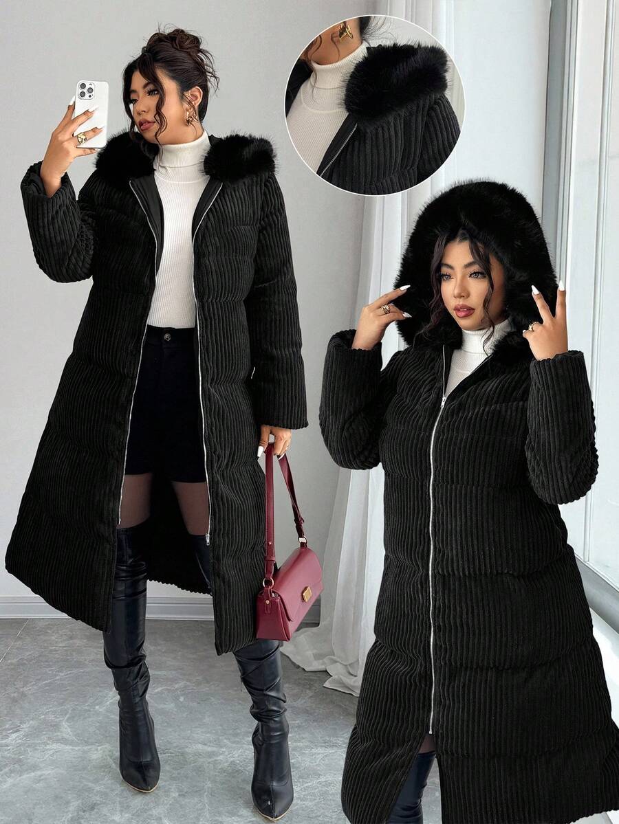 Elenzga 女式束腰加厚连帽灯芯绒X型长款加厚外套 - 黑色 - 查看 1