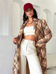 EURMUSE Multicolor Plaid Printed Long H-Line Woolen Coat - Multicolor - View 5