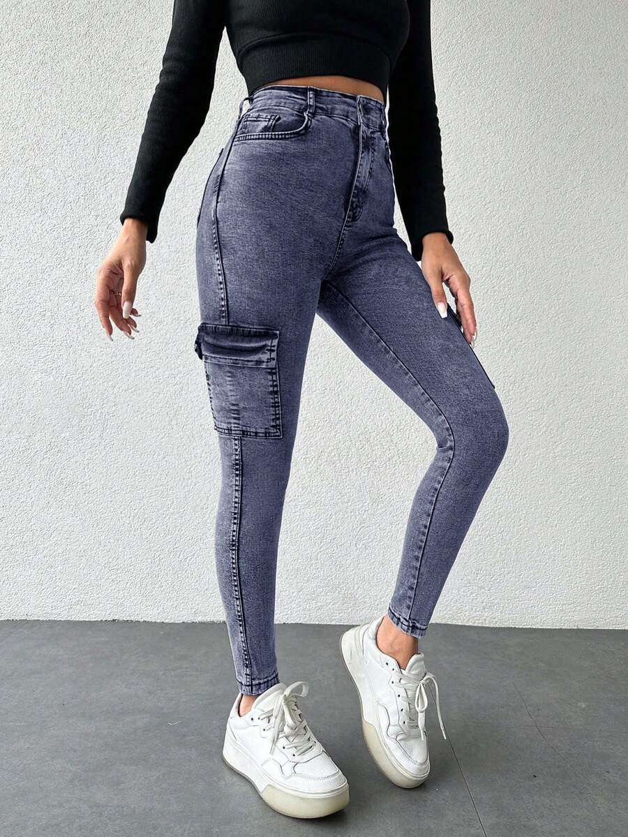 Cottnline Quần jeans Cargo dáng ôm vừa vặn, giặt thường ngày - Xám - Xem 1