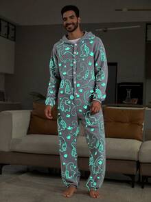 男士恐龙印花抓绒连体衣，休闲灰色家居服，秋冬款 - 灰色 - 查看 3