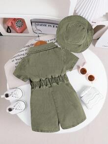 SHEIN 女婴优雅休闲牛仔短袖连体衣，带渔夫帽，夏季服装 - 軍綠色 - 查看 2