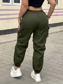 POPSWAY Women's Casual Solid Color Multi-Pocket Drawstring Cargo Pants, Summer Outfits Fall - Army Green - View 2