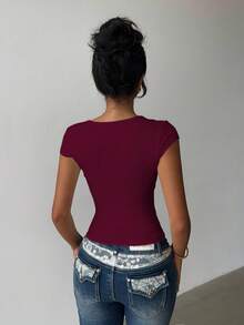 INAWLY Women's Solid Color Contrast Lace Sweetheart Neck Capped Sleeve Cropped Fitted Sexy T-Shirt