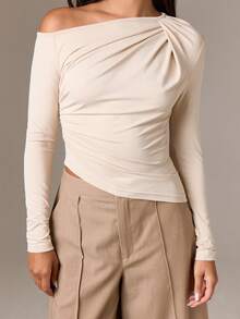 AiiRZ Off Shoulder Long Sleeve Tuck Detail Ruched T-Shirt For Fall Winter Occasions - Apricot - View 1