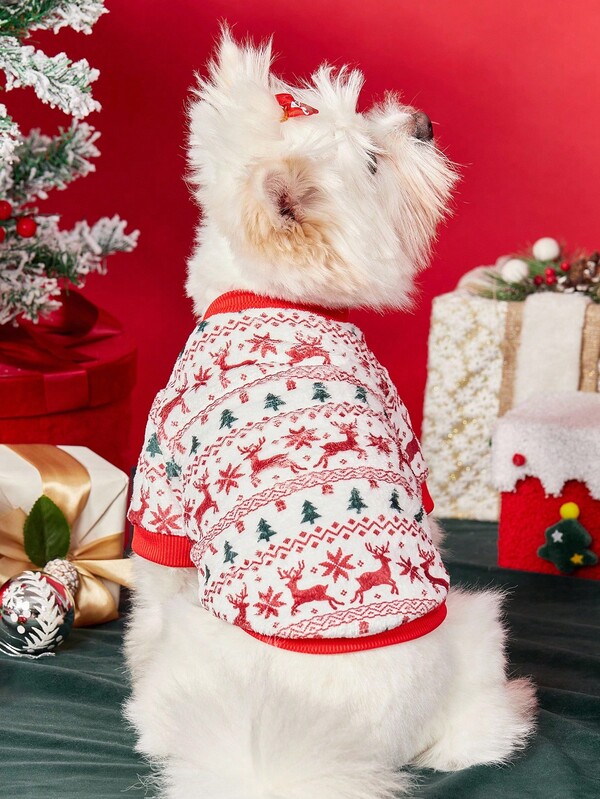 PETSIN 1 Pet Christmas Cat Dog Universal Red And Green Elk Snowflake Geometric Fer Island Pattern Print Plush Warm And Comfortable Dog Christmas Hoodie