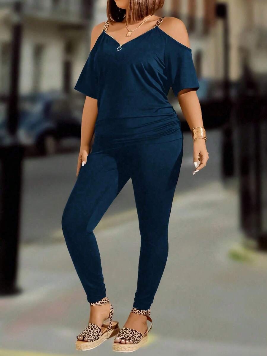 Plus Size Round Ring Decoration Zipper Shoulder-Baring Sleeve Top And Solid Color Long Pants Summer Casual 2pcs/Set - Navy Blue - View 1