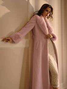 MOTF PREMIUM WOMEN'S WOOL PINK CONTRAST FUZZY TRIM LONG COAT - Pink - View 7