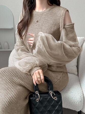 FRIFUL 女式圆领罗纹袖网眼拼布直筒针织毛衣裙，肩部镂空装饰，保暖内衬，甜美