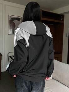 DAZY 女士前拉链长袖纯色和字母印花拼布连帽夹克，女士春秋休闲抽绳、口袋、拉链插肩袖连帽宽松多色拼色、字母、条纹女士夹克，休闲日常穿着 - 彩色 - 查看 2