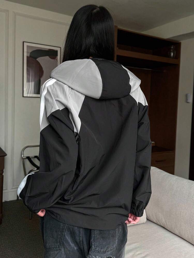 Women's Zip-Front Long Sleeve Solid Color & Letter Print Patchwork Hooded Jacket,Ladies Spring/Fall Casual Drawstring,Pocket,Zipper Raglan Sleeve Hooded Loose Multicolor Colorblock,Letter,Striped Women Jackets,Casual Daily Wear