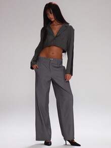 MUSERA Layered Boxer Waistband Stripe Binding Straight Leg Trousers Cute Teacher Casual Work Streetwear Sporty Work Wear Corporate Run Summer - Grey - View 2