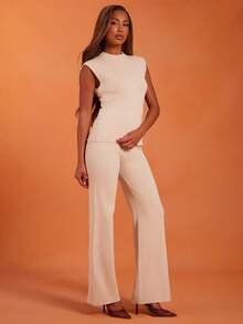 NYA SZN Conjunto Feminino (Top e Calça) Top de Manga Curta Ajustada, Calça Cintura Alta Ajustada em Malha Canelada, Roupas Casuais do Dia a Dia, Aeroporto, Férias, Loungewear para Mulheres - Damasco - Visão 5
