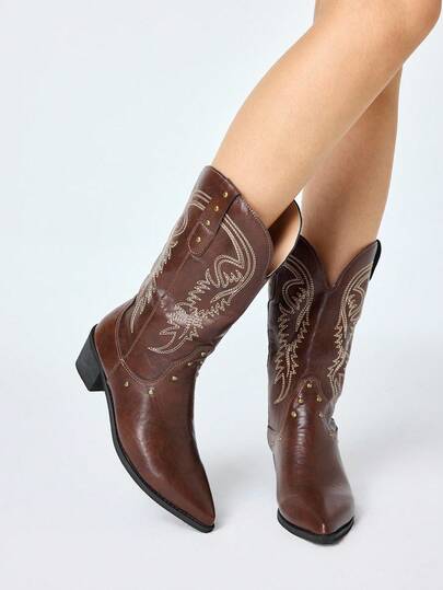 Fairycore Brown Pointed Toe Embroidered Western Cowboy Boots, Closed Toe, Chunky Heel, Rivet Motorcycle Boots, Leather Riding Knee-High Boots For Women
