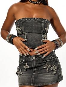 SUMWON WOMEN 棉质十字纹饰抹胸牛仔束身衣上衣系带露肩紧身胸衣 - 黑色 - 查看 7