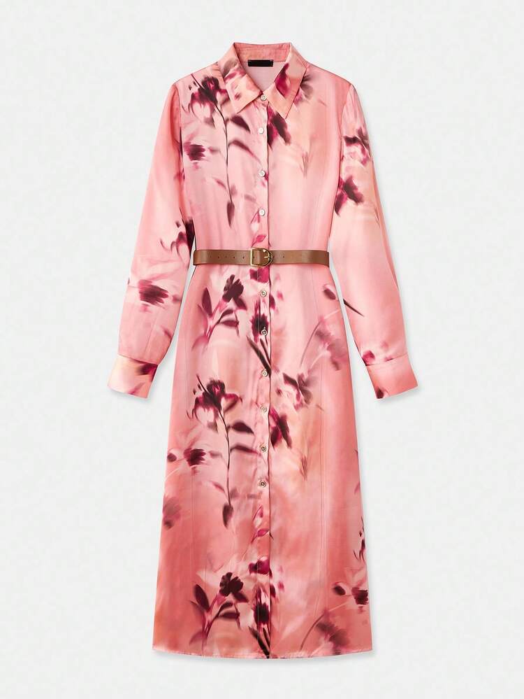SHEIN Maija Women's Elegant Dusty Pink Floral Print A-Line Shirt Dress With Waist Belt,Long Sleeve Button Down Autumn Maxi Dress For Tea Party Business Casual