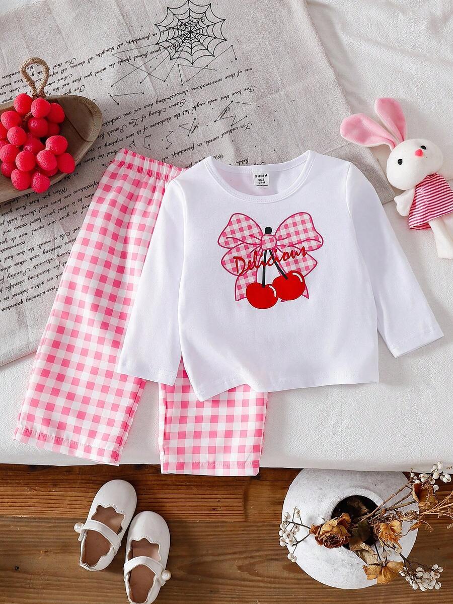 SHEIN Setelan 2 Potong Baju Bayi Perempuan Motif Ceri dan Celana Kotak-kotak untuk Musim Gugur dan Musim Dingin - Berwarna merah muda - View 1