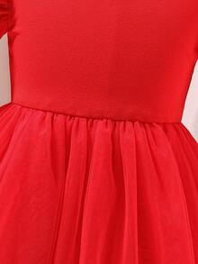 Glamorique Kids 女童优雅高端长袖连衣裙，羊腿袖设计搭配珍珠装饰，适合日常穿着、派对、圣诞节，展现优雅高贵的气质 - 紅色 - 查看 7