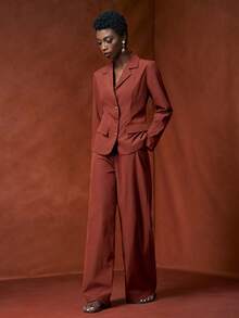 Zivah 2025 秋冬新品，音乐节，毕业季，学院风，学生装，日常休闲，度假，海滩，街头装，通勤优雅，长袖宽松西装外套和裤子两件套，红棕色亚麻质感褶皱面料 - 棕色 - 查看 4