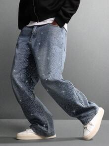 SUMWON 水晶装饰阔腿灯笼裤牛仔裤复古 Y2K 街头服饰节日派对水钻细节宽松宽松个性裤子 - 淺藍色 - 查看 1