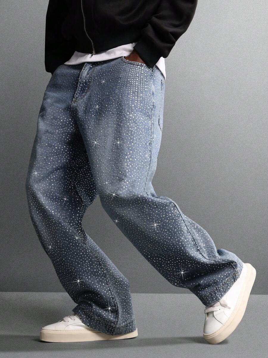 SUMWON 水晶装饰阔腿灯笼裤牛仔裤复古 Y2K 街头服饰节日派对水钻细节宽松宽松个性裤子 - 淺藍色 - 查看 1