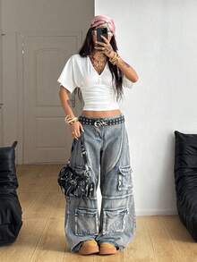 Coolane Women's Winter Chic Minimalist Y2K Basic Daily Wear Casual Back To School Streetwear Stretchy White Loose Ruched Deep V-Neck Crop Tees