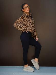 SAYEHFBABY 1pc Women's High Collar Zipper Long Sleeve Leopard Fluffy Pullover Sweatshirt,Long Sleeve Tops - Multicolor - View 6