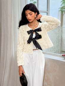 Serisse Áo khoác lửng buộc dây họa tiết hoa 3D thanh lịch thời trang thu đông dành cho nữ - Màu be - Xem 6