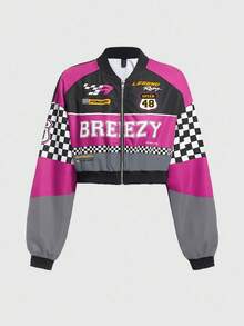 ROMWE PUNK Chaqueta corta de mujer con parches de colores contrastantes y estampado de letras - Rosa - Ver 1