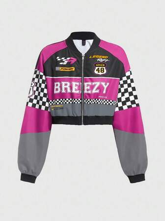Women's Contrast Color Patchwork Letter Print Cropped Jacket