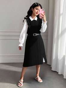 圣诞节、万圣节、黑色连衣裙、黑色连衣裙、冬装、儿童冬装、秋装、万圣节、万圣节服装、圣诞服装、女童长袖衬衫裙两件套 - 黑與白 - 查看 3