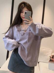 DAZY New Loose Casual 3D Floral Decor Sweater For Women, Autumn/Winter - Purple - View 4