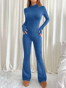 SHEIN EZwear 2 件女士休闲雾蓝色长袖上衣和喇叭裤套装，秋冬 - 霧霾藍 - 查看 6