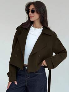 Aloruh 女士休闲通勤纯色短款风衣秋冬女装 - 咖啡棕 - 查看 5