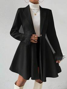 SHEIN 女士休闲纯色收腰长袖外套，秋冬款 - 黑色 - 查看 6