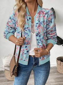 EMERY ROSE Women's Floral Print Long Sleeve Casual Baseball Jacket, Autumn - Blue - View 5