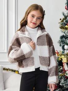 SHEIN Tween Girl Rutig fleece med ståkrage, långärmad kort plyschjacka, höst och vinter, flanelljacka, avslappnad rutig jacka, höstvinter, mamma och jag matchande, höstvinter - Kaki - Visa 6